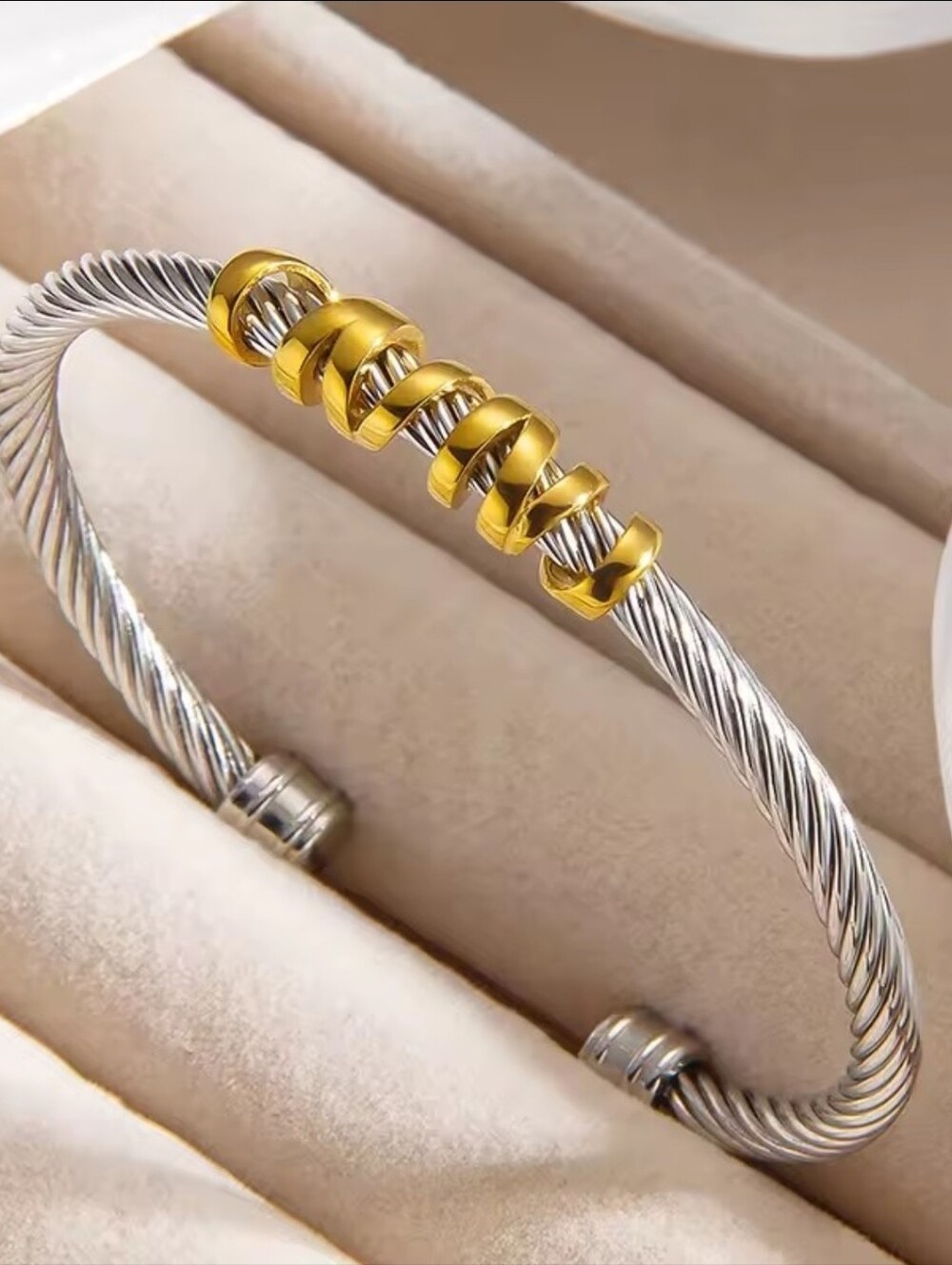 Silver-Tone Twisted Cable Cuff with Gold Rings - Picture 2 of 2